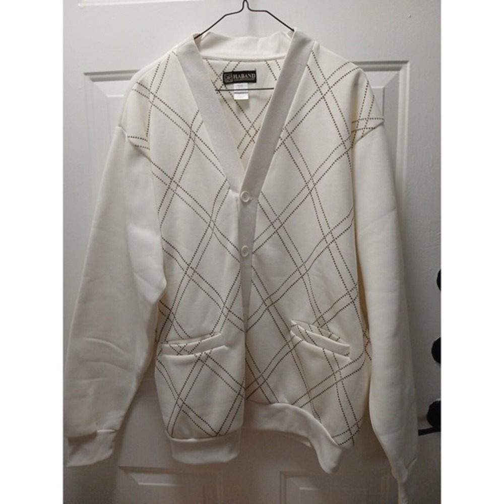 Vintage Haband‎ Fleece Argyle Cream Brown Cardigan Adult Unisex Large Style 717